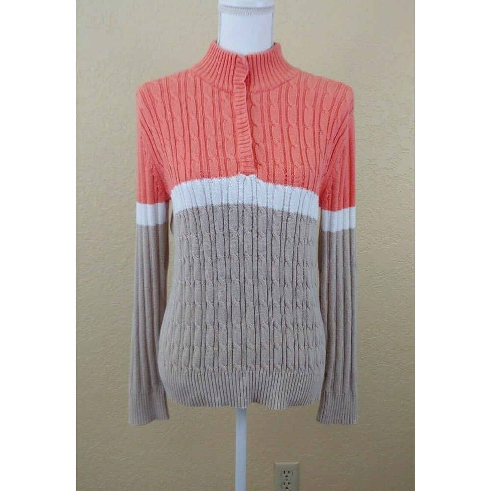 Liz & Co Womens Sweater XL Orange Beige Popover Medium Knit Color Block Cotton